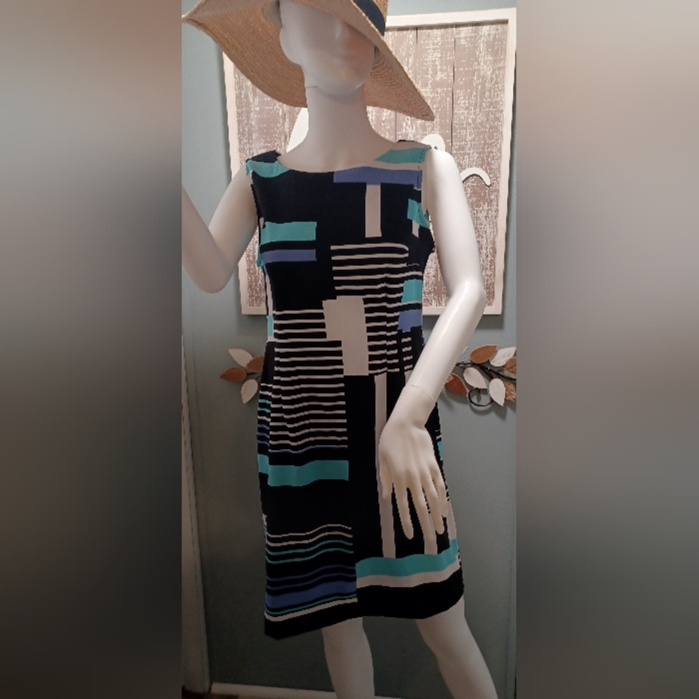 Connected Apparel Black and Blue Geometric Midi Dress